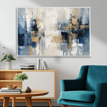 44344-MGV-FC-36X24_White-Abstract Blue and Gold Wall Art – Modern Hand Painted Canvas Print, Contemporary Textured Painting for Living Room, Bedroom or