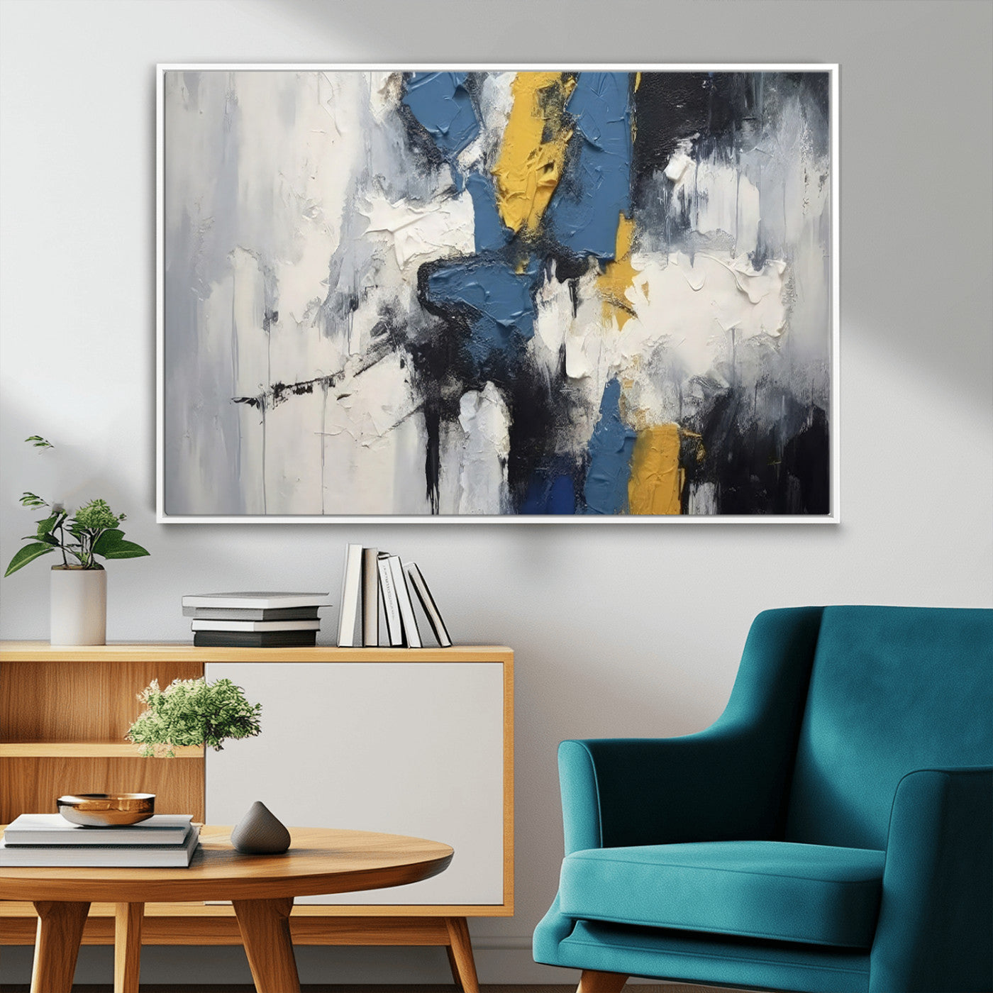 63850-MGV-FC-36X24_White-Abstract Blue and Yellow Wall Art – Modern Textured Canvas Painting, Bold Contemporary Artwork for Living Room, Bedroom or Office