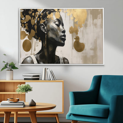 65669-MGV-CV-36X24-Elegant Black Woman Wall Art – Modern Abstract Portrait Canvas with Gold Accents, Contemporary Afrocentric Decor for Living Room