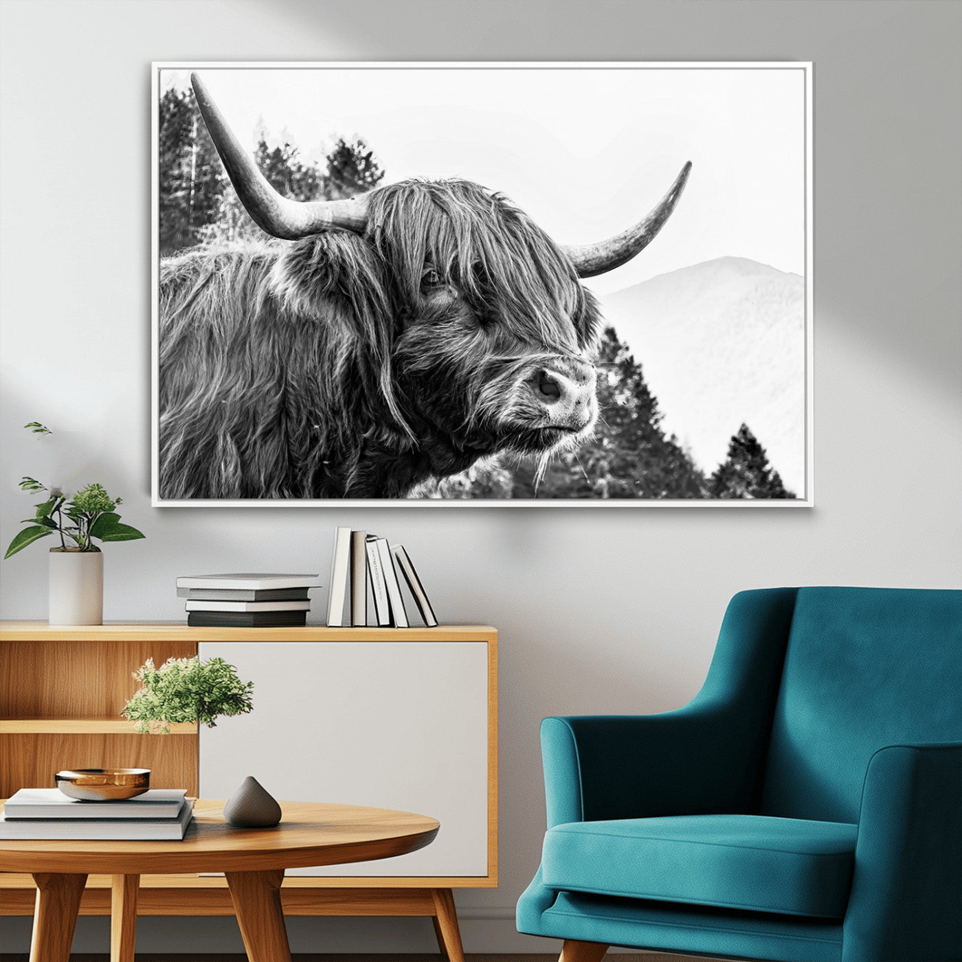 61570-MGV-FC-36X24_White-Highland Cow Wall Art – Black and White Scottish Bull Canvas Print, Rustic Farmhouse Animal Decor for Living Room, Bedroom, or