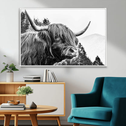 61570-MGV-FC-36X24_White-Highland Cow Wall Art – Black and White Scottish Bull Canvas Print, Rustic Farmhouse Animal Decor for Living Room, Bedroom, or