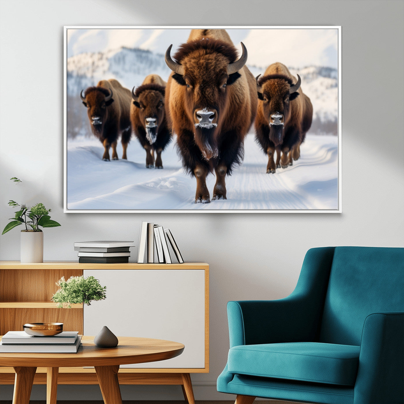 56701-MGV-FC-36X24_White-Bison Herd Wall Art – Buffalo Walking in Snowy Mountains Canvas Print, Rustic Wildlife Decor for Cabin, Lodge, or Living Room
