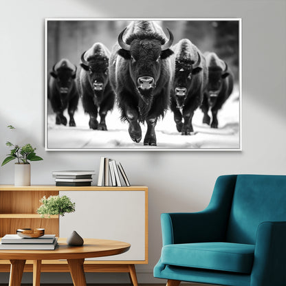 79872-MGV-CV-36X24-Bison Herd Wall Art – Black and White Buffalo on Snow Canvas Print, Rustic Wildlife Decor for Lodge, Cabin, or Living Room