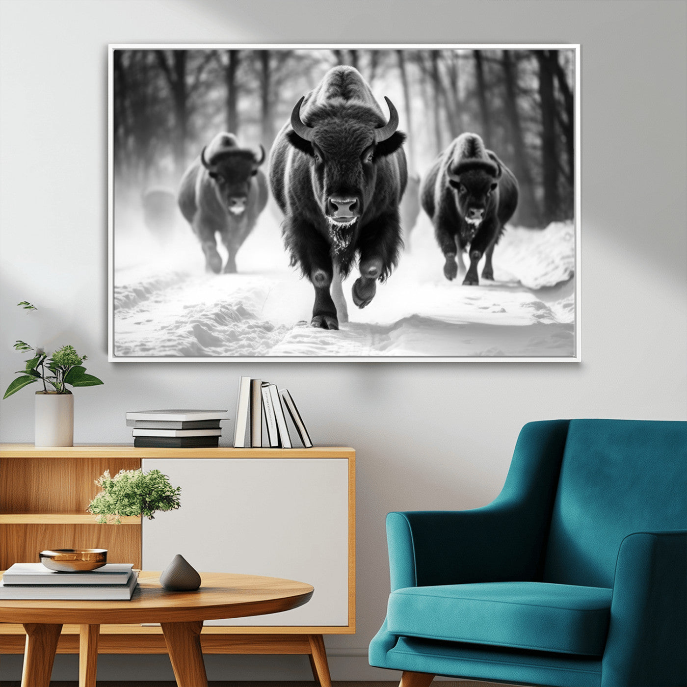97552-MGV-CV-36X24-Black and White Bison Wall Art – Buffalo Herd Running in Snow Canvas Print, Rustic Wildlife Photography Decor for Cabin, Lodge, or