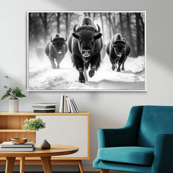 97552-MGV-CV-36X24-Black and White Bison Wall Art – Buffalo Herd Running in Snow Canvas Print, Rustic Wildlife Photography Decor for Cabin, Lodge, or