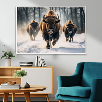 56549-MGV-FC-36X24_White-Wild Bison Wall Art – Majestic Buffalo Herd Running in Snow Canvas Print, Rustic Wildlife Photography Decor for Cabin, Lodge, or