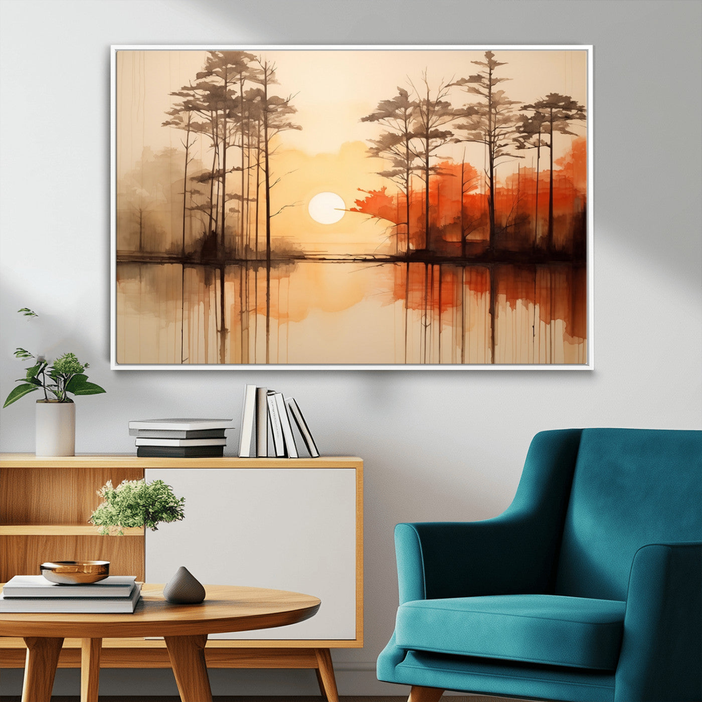 51083-MGV-FC-36X24_White-Sunset Lake Forest Wall Art – Serene Trees and Orange Sky Reflection Canvas Print, Tranquil Nature Decor for Living Room, Office