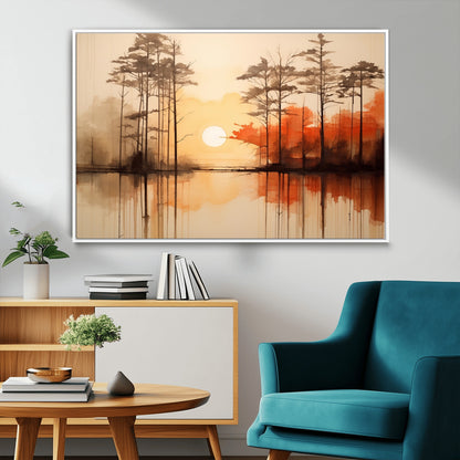 51083-MGV-FC-36X24_White-Sunset Lake Forest Wall Art – Serene Trees and Orange Sky Reflection Canvas Print, Tranquil Nature Decor for Living Room, Office