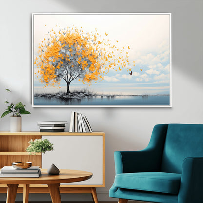 23385-MGV-FC-36X24_White-Golden Butterfly Tree Wall Art – Abstract Yellow and Gray Canvas Print, Modern Nature Artwork for Living Room, Bedroom or Office