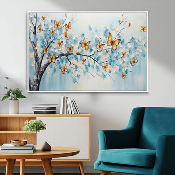 59455-MGV-CV-36X24-Butterfly Tree Branch Wall Art – Blue and Yellow Abstract Canvas Print, Modern Nature Artwork for Living Room, Bedroom or Office