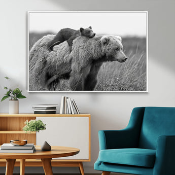 76338-MGV-FC-36X24_White-Mother Bear and Cub Wall Art – Black and White Wildlife Canvas Print, Rustic Nature Photography for Cabin, Living Room or Office