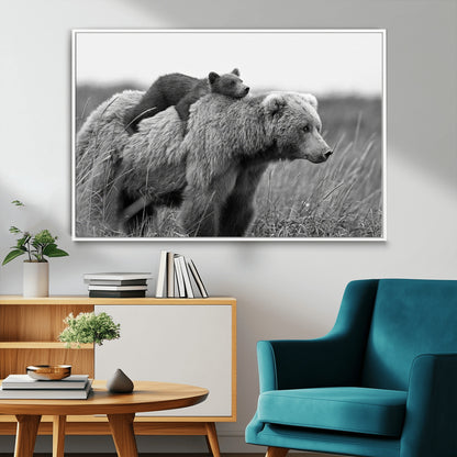 76338-MGV-FC-36X24_White-Mother Bear and Cub Wall Art – Black and White Wildlife Canvas Print, Rustic Nature Photography for Cabin, Living Room or Office