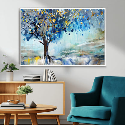 17018-MGV-CV-36X24-Abstract Blue Tree Wall Art – Colorful Canvas Painting with Gold and Silver Accents, Modern Nature Artwork for Living Room,