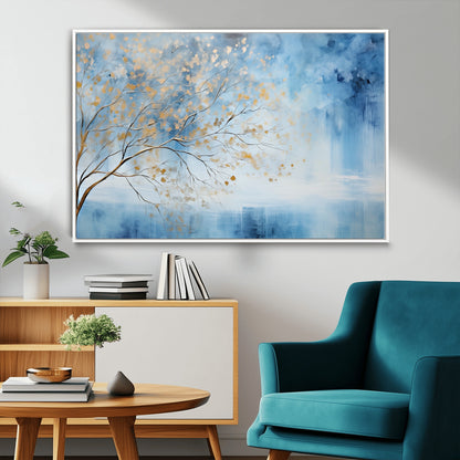 23891-MGV-FC-36X24_White-Abstract Tree Wall Art – Minimalist Blue and Gold Canvas Painting, Elegant Nature-Inspired Artwork for Living Room, Bedroom or