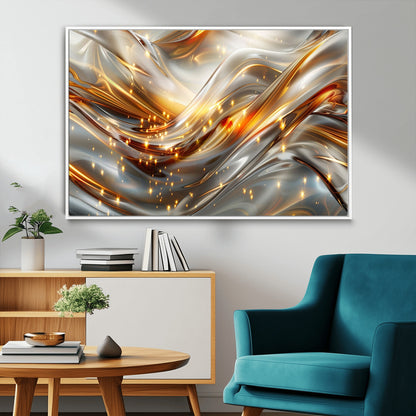 Lines1-MGV-CV-36X24-Abstract Metallic Wall Art – Silver and Gold Wave Canvas Print with Sparkling Accents, Modern Luxury Decor for Living Room, Office
