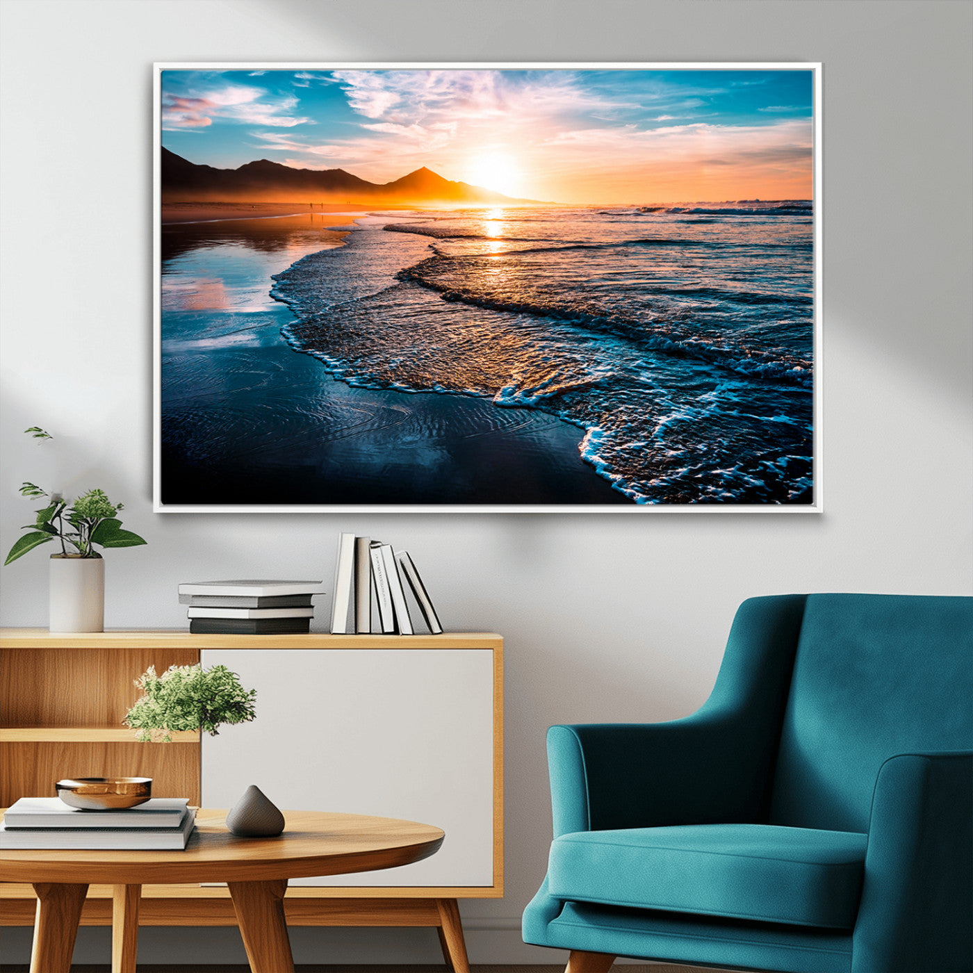 26494-MGV-CV-36X24-Ocean Sunset Wall Art – Scenic Beach Canvas Print with Waves and Mountains, Coastal Seascape Photography for Living Room, Bedroom