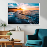 26494-MGV-CV-36X24-Ocean Sunset Wall Art – Scenic Beach Canvas Print with Waves and Mountains, Coastal Seascape Photography for Living Room, Bedroom