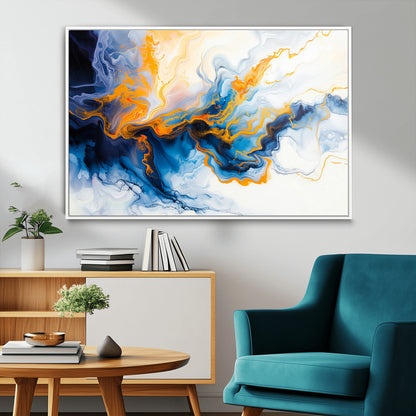 83720-MGV-FC-36X24_White-Abstract Fluid Wall Art – Blue, White and Gold Swirl Canvas Painting, Modern Contemporary Artwork for Living Room, Bedroom or