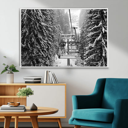 19240-MGV-FC-36X24_White-Ski Lift Wall Art – Black and White Winter Mountain Canvas Print, Snowy Forest Ski Resort Photography for Cabin, Lodge, Office or