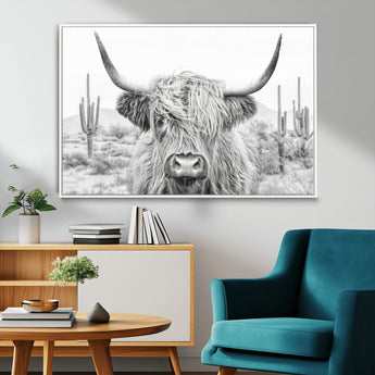94579-MGV-CV-36X24-Highland Cow Wall Art – Black and White Longhorn Canvas Print, Rustic Western Farmhouse Animal Photography for Living Room,