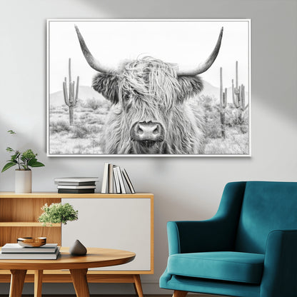 94579-MGV-CV-36X24-Highland Cow Wall Art – Black and White Longhorn Canvas Print, Rustic Western Farmhouse Animal Photography for Living Room,