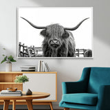 58188-MGV-FC-36X24_White-Highland Cow Wall Art – Black and White Rustic Farmhouse Canvas Print, Longhorn Cattle Photography Decor for Living Room or