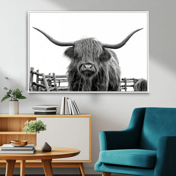 58188-MGV-FC-36X24_White-Highland Cow Wall Art – Black and White Rustic Farmhouse Canvas Print, Longhorn Cattle Photography Decor for Living Room or