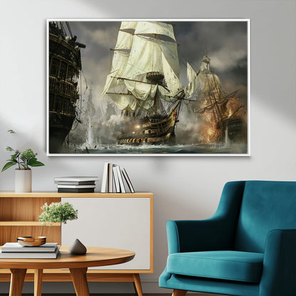 26512-MGV-FC-36X24_White-Naval Battle Wall Art – Dramatic Tall Ship Canvas Print, Historic Pirate Sailing War Scene, Nautical Decor for Office, Study or