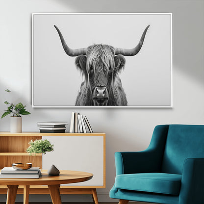 35820-MGV-FC-36X24_White-Minimalist Highland Cow Wall Art – Black and White Longhorn Cattle Canvas Print, Modern Farmhouse Animal Photography Decor for