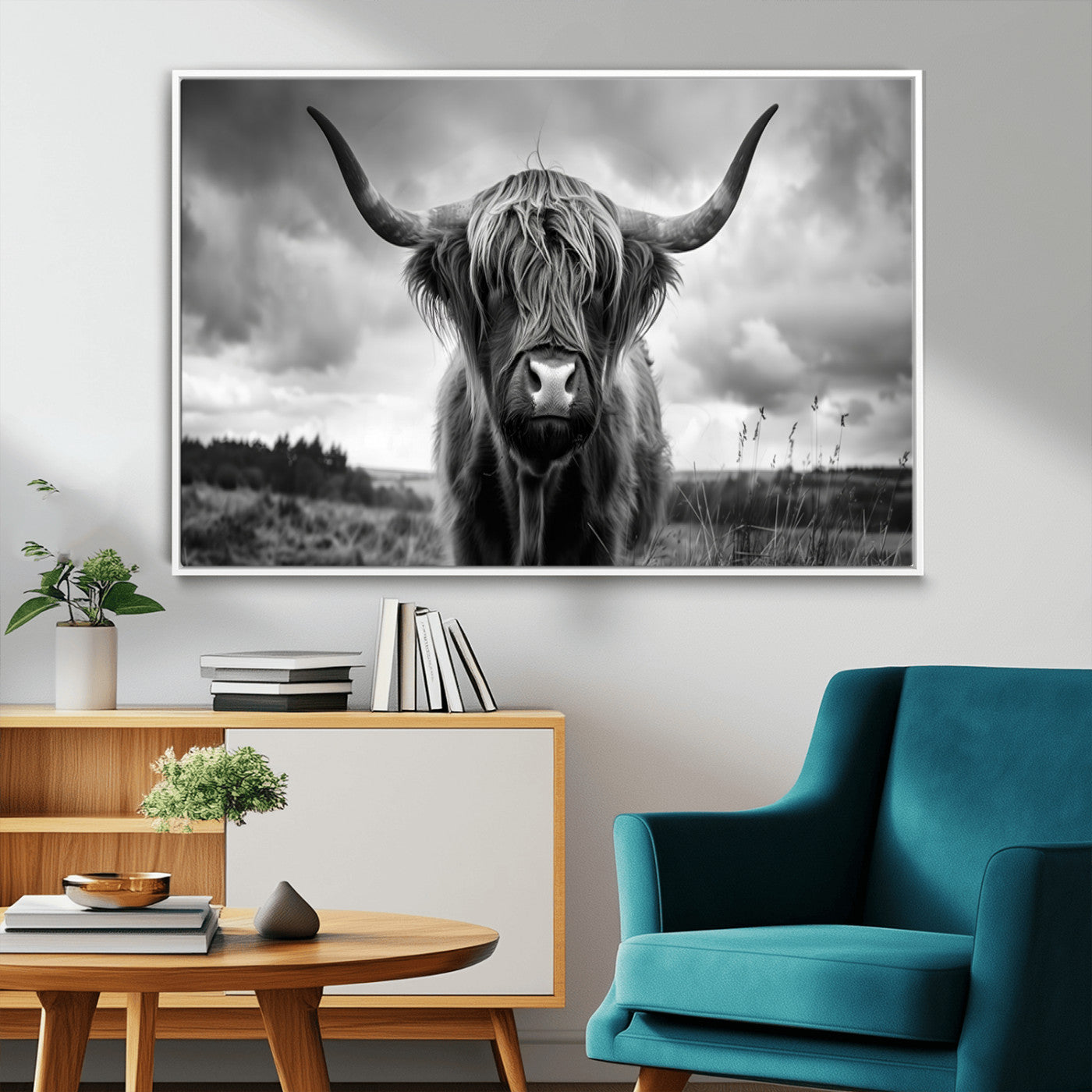 17924-MGV-FC-36X24_White-Highland Cow Wall Art – Black and White Rustic Longhorn Cattle Canvas Print, Farmhouse Animal Photography Decor for Country Home