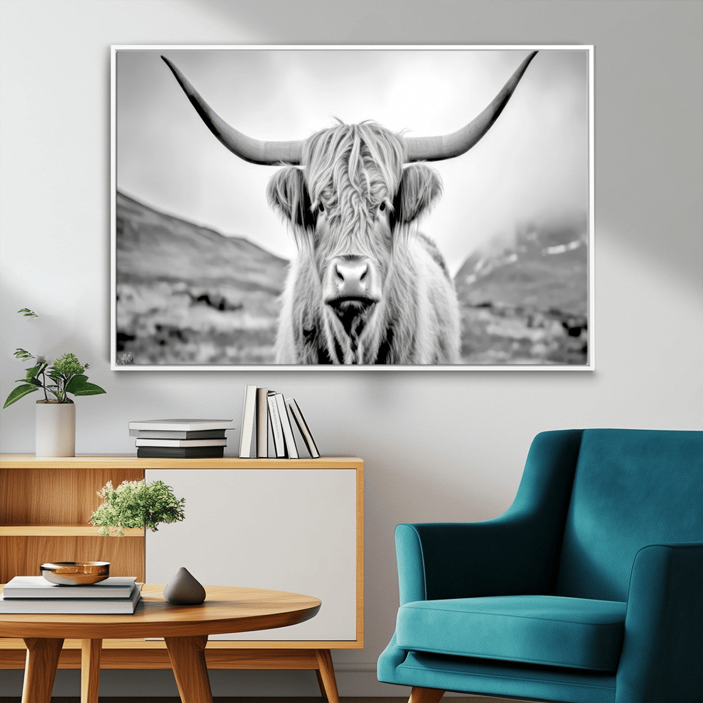 80564-MGV-CV-36X24-Highland Cow Wall Art – Black and White Scottish Highland Canvas Print, Rustic Farmhouse Decor for Living Room, Bedroom or Office
