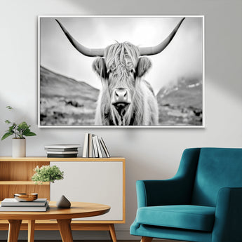 80564-MGV-CV-36X24-Highland Cow Wall Art – Black and White Scottish Highland Canvas Print, Rustic Farmhouse Decor for Living Room, Bedroom or Office