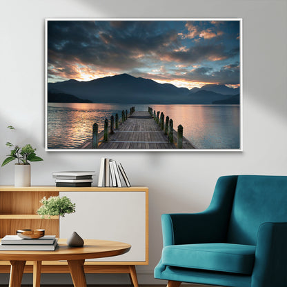 20442-MGV-CV-36X24-Lakeside Sunset Dock Wall Art – Peaceful Mountain Lake Canvas Print, Serene Nature Landscape Decor for Living Room, Bedroom or