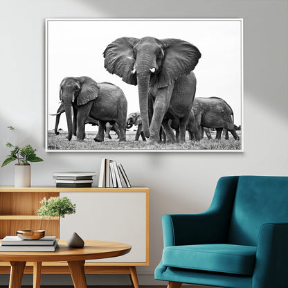 91685-MGV-FC-36X24_White-Elephant Herd Wall Art – Black and White Safari Canvas Print, African Wildlife Photography Decor for Living Room, Office or