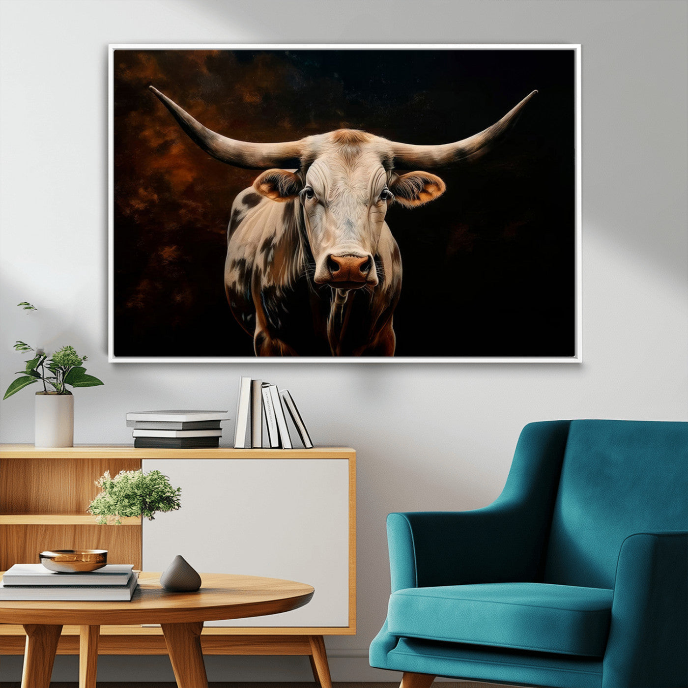 70522-MGV-FC-36X24_White-Longhorn Bull Wall Art – Striking Canvas Print of Majestic Bull, Premium Animal Decor for Home, Office, Man Cave, or Living Room