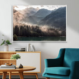 61116-MGV-FC-36X24_White-Misty Mountain Lake Wall Art – Tranquil Foggy Forest and Lake Canvas Print, Scenic Nature Landscape Decor for Living Room or