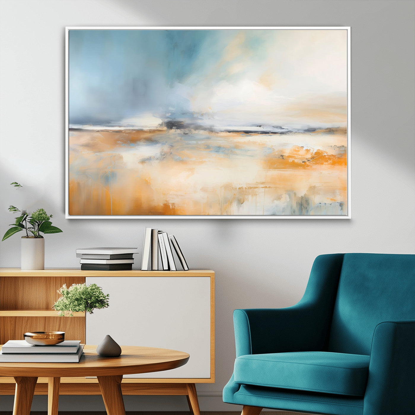 92764-MGV-FC-36X24_White-Abstract Landscape Wall Art – Modern Blue and Orange Canvas Print, Large Minimalist Painting for Living Room, Bedroom, Office or