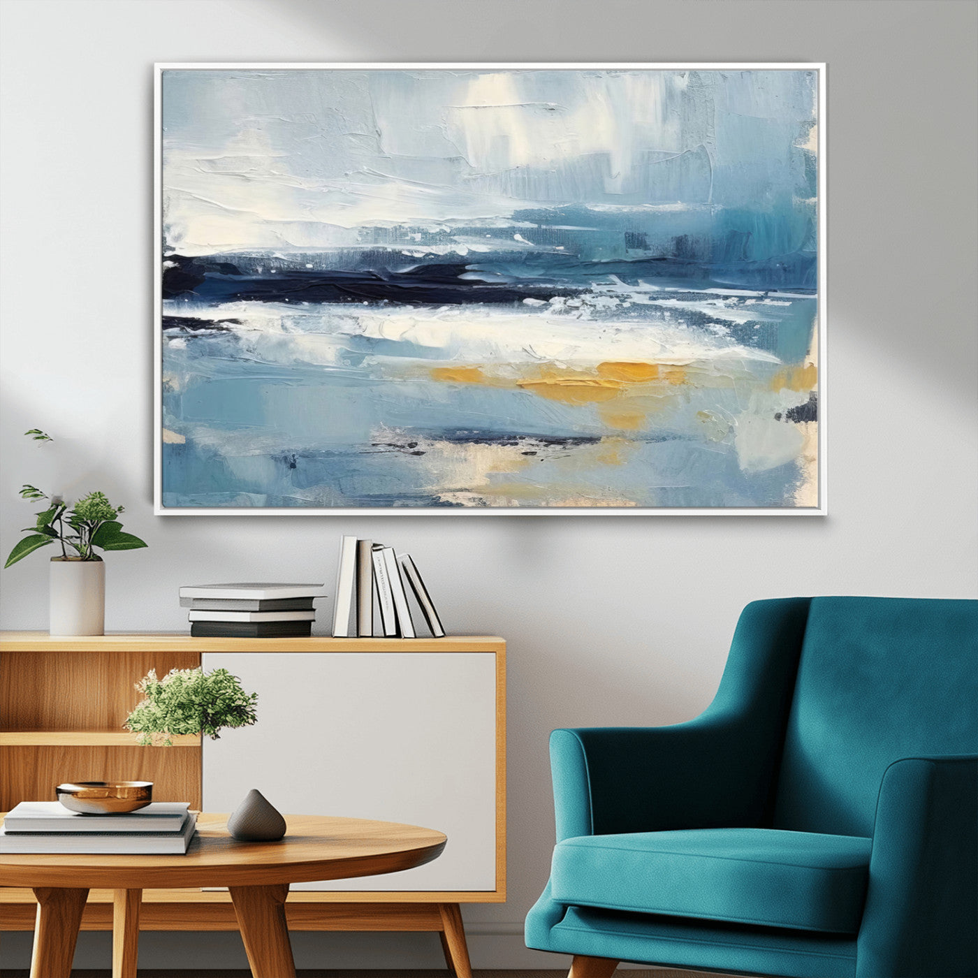 19746-MGV-CV-36X24-Abstract Ocean Wall Art – Modern Coastal Canvas Print with Blue, White and Gold Textures, Contemporary Seascape Painting for