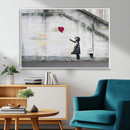 50559-MGV-FC-36X24_White-Banksy Girl with Balloon Wall Art – Famous Street Graffiti Canvas Print, Modern Urban Artwork for Living Room, Bedroom or Office