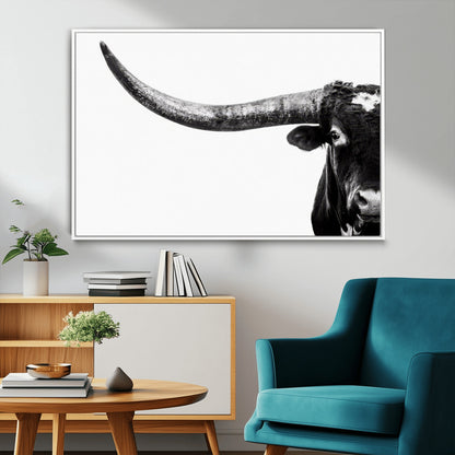 31699-MGV-CV-36X24-Longhorn Wall Art – Black and White Texas Longhorn Cow Canvas Print, Rustic Western Farmhouse Artwork for Living Room, Bedroom or