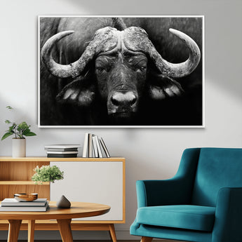 75273-MGV-FC-36X24_White-Buffalo Wall Art – Black and White African Buffalo Canvas Print, Rustic Wildlife Animal Artwork for Farmhouse, Living Room,
