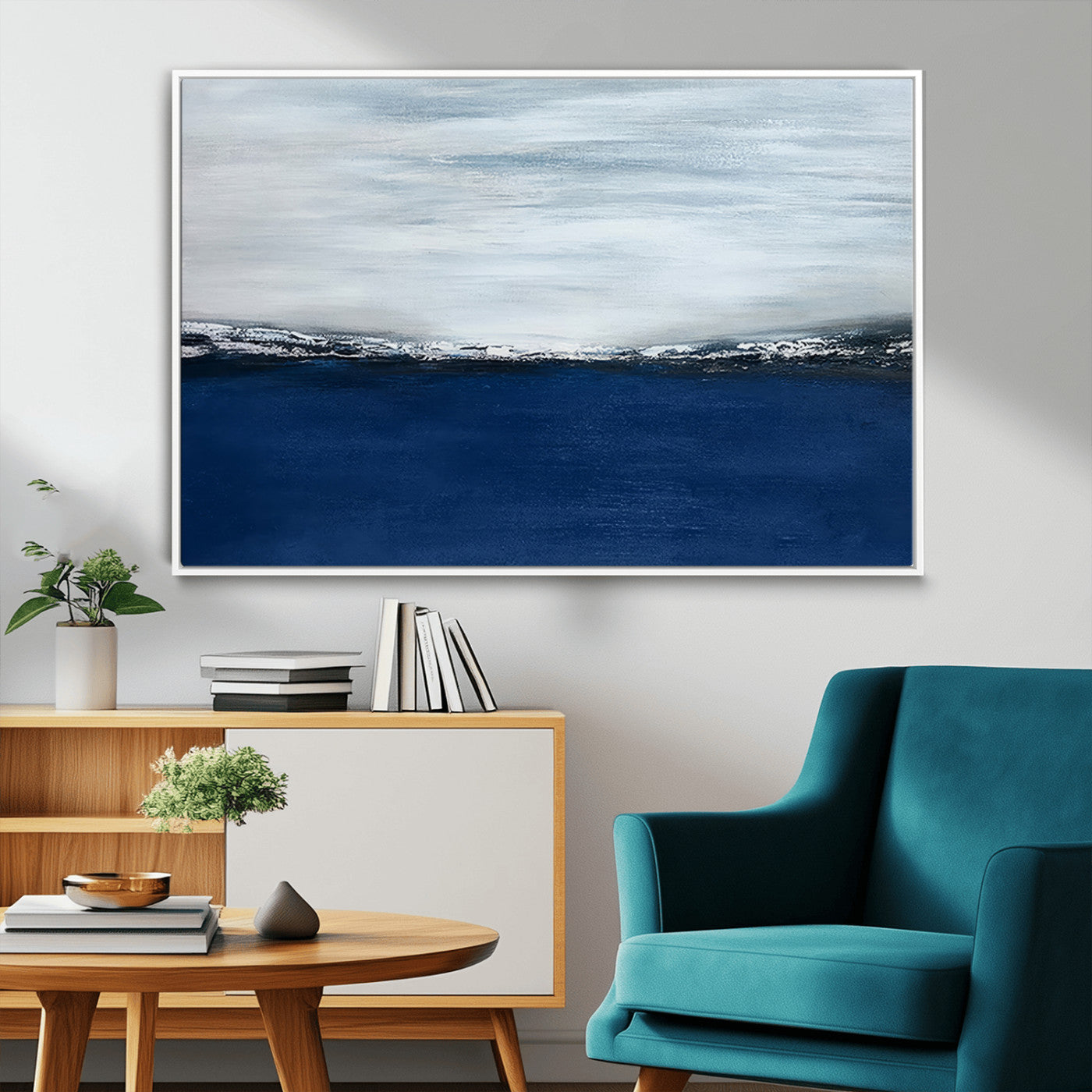 62197-MGV-CV-36X24-Abstract Ocean Wall Art – Minimalist Blue and White Canvas Print, Modern Coastal Seascape Painting for Bedroom, Living Room or