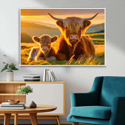 20567-MGV-FC-36X24_White-Highland Cow and Calf Wall Art – Rustic Farmhouse Sunset Cattle Canvas Print, Country Animal Artwork for Living Room, Bedroom, or