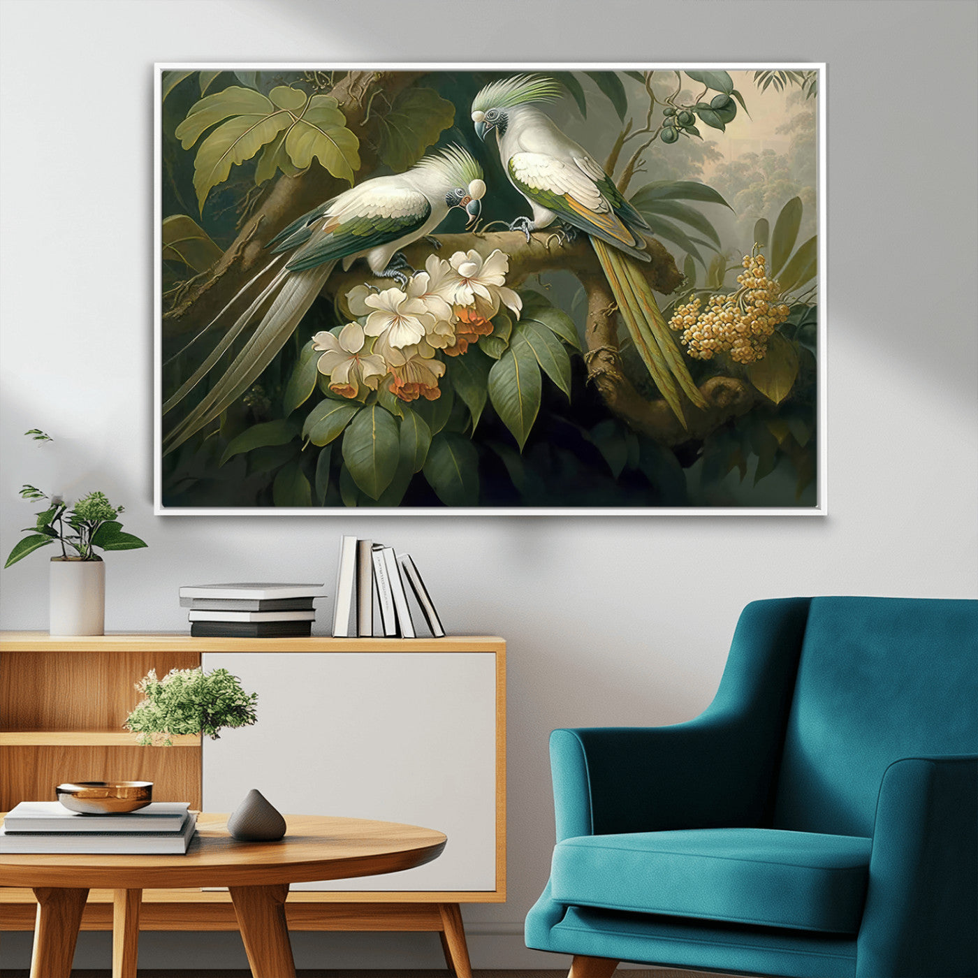 84047-MGV-FC-36X24_White-Tropical Birds Wall Art – Elegant Botanical Canvas Print, Exotic Nature Decor for Living Room, Bedroom or Office