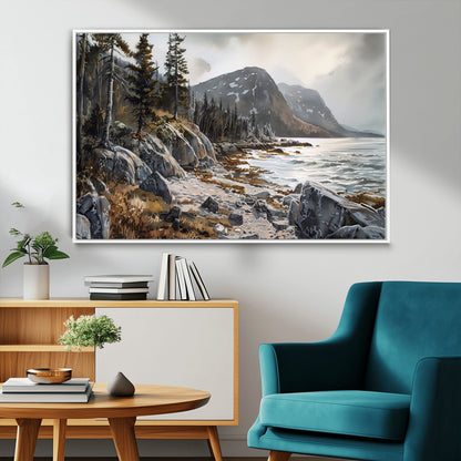 41281-MGV-CV-36X24-Rocky Shoreline Wall Art – Panoramic Mountain Coast and Forest Canvas Print, Rustic Nature Landscape Decor for Cabin, Lodge, or
