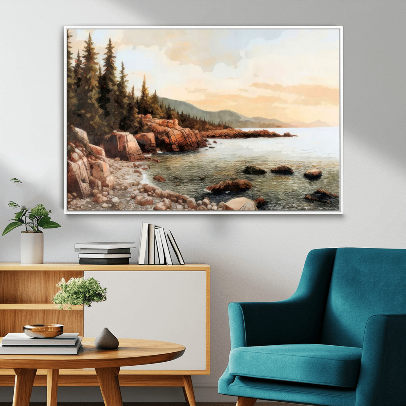 77145-MGV-CV-36X24-Coastal Landscape Wall Art – Panoramic Rocky Shoreline and Pine Trees Canvas Print, Rustic Nature Decor for Cabin, Lodge, Office,