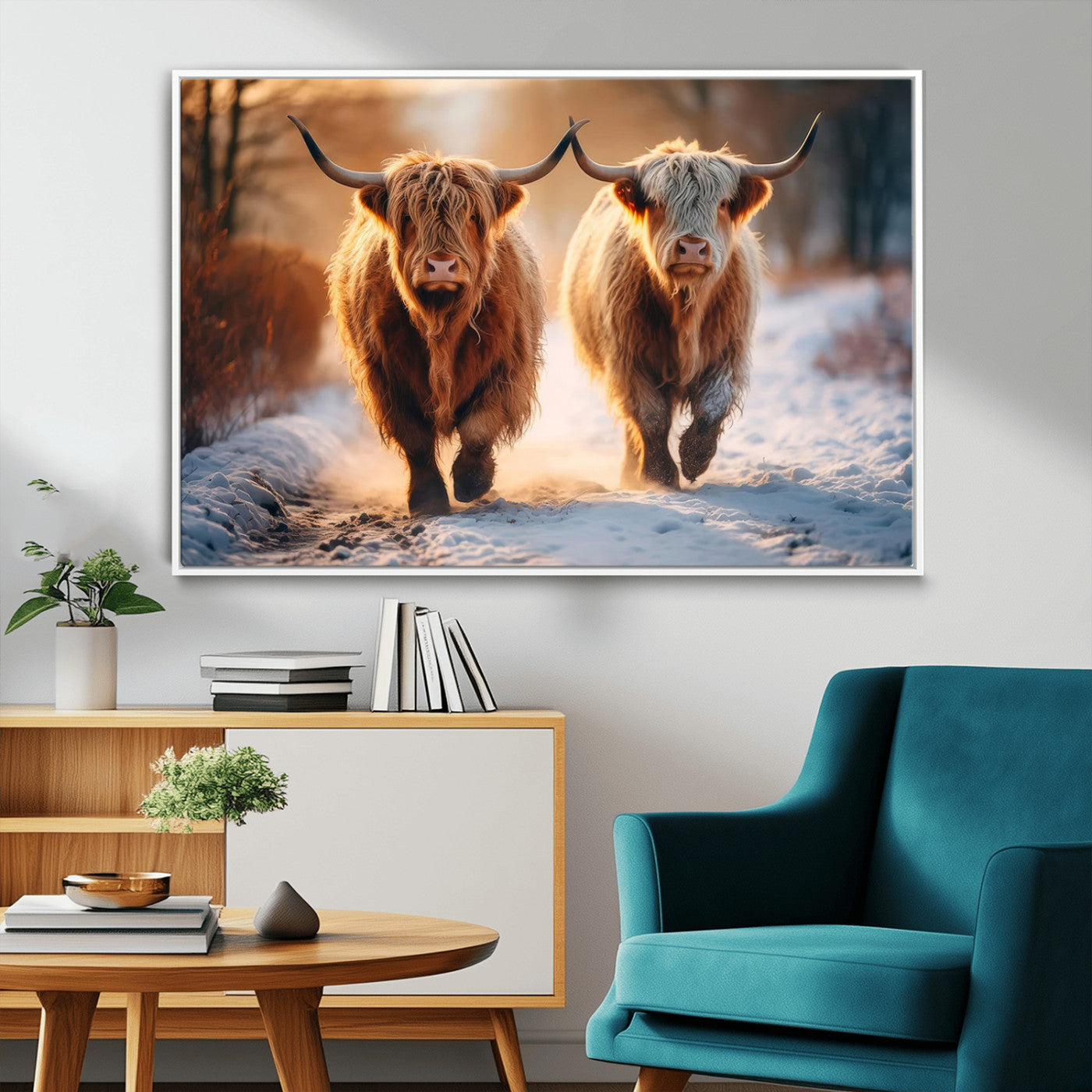 94810-MGV-FC-36X24_White-Highland Cow Wall Art – Rustic Canvas Print Two Cattle Snow Path Sunset, Farmhouse Country Decor for Living Room, Bedroom, Office,