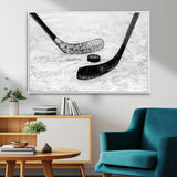 82900-MGV-FC-36X24_White-Hockey Wall Art – Black and White Canvas Print Ice Rink Sticks Puck Sports Photography, Modern Decor for Game Room, Man Cave,