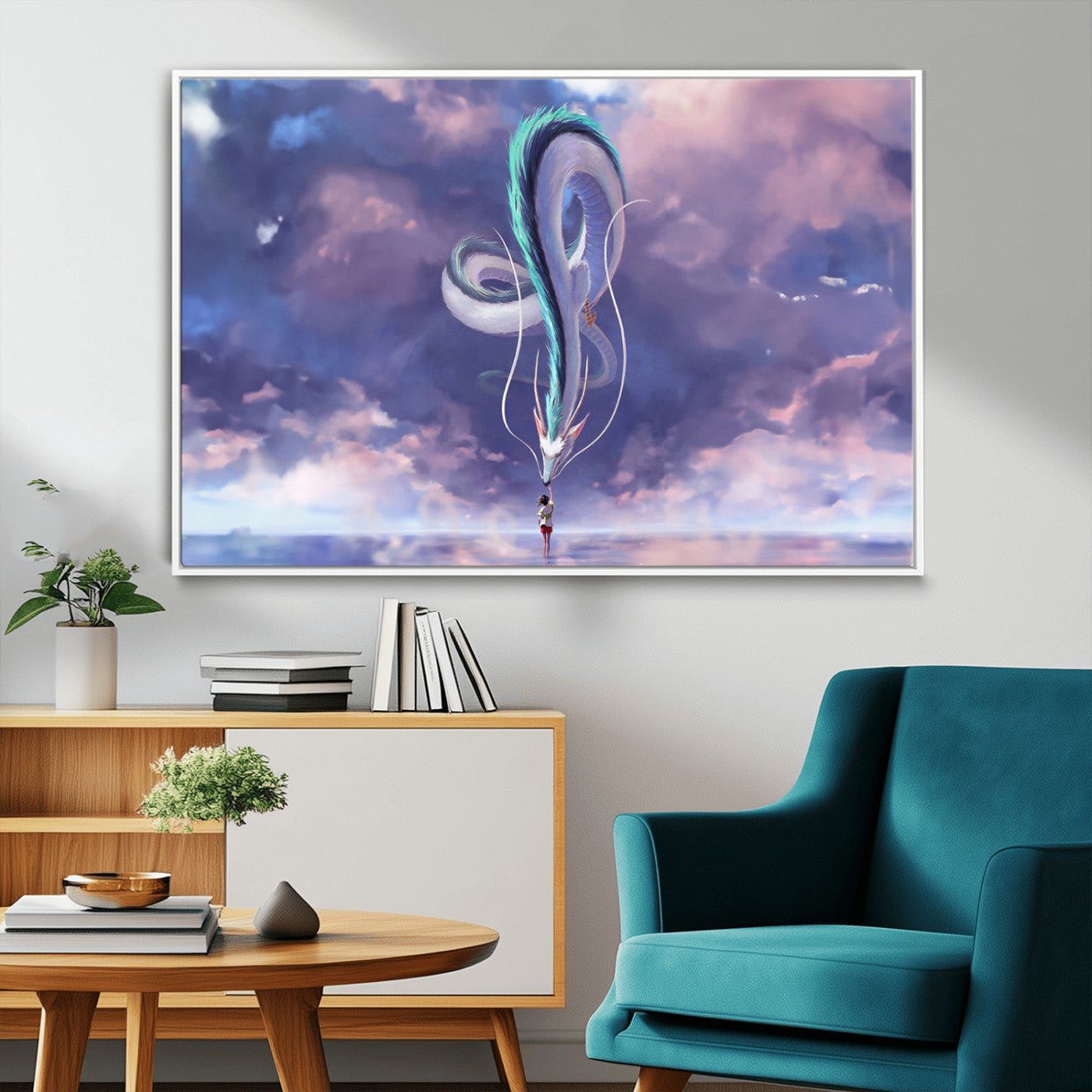 66864-MGV-CV-36X24-Fantasy Dragon Wall Art – Mystical Canvas Print Girl and Sky Serpent Dreamlike Clouds, Magical Anime Inspired Decor for Living