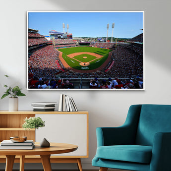 90998-MGV-FC-36X24_White-Baseball Stadium Wall Art – Canvas Print Day Game Field Packed Crowd Bright Blue Sky Sports Photography, Classic Decor for Game
